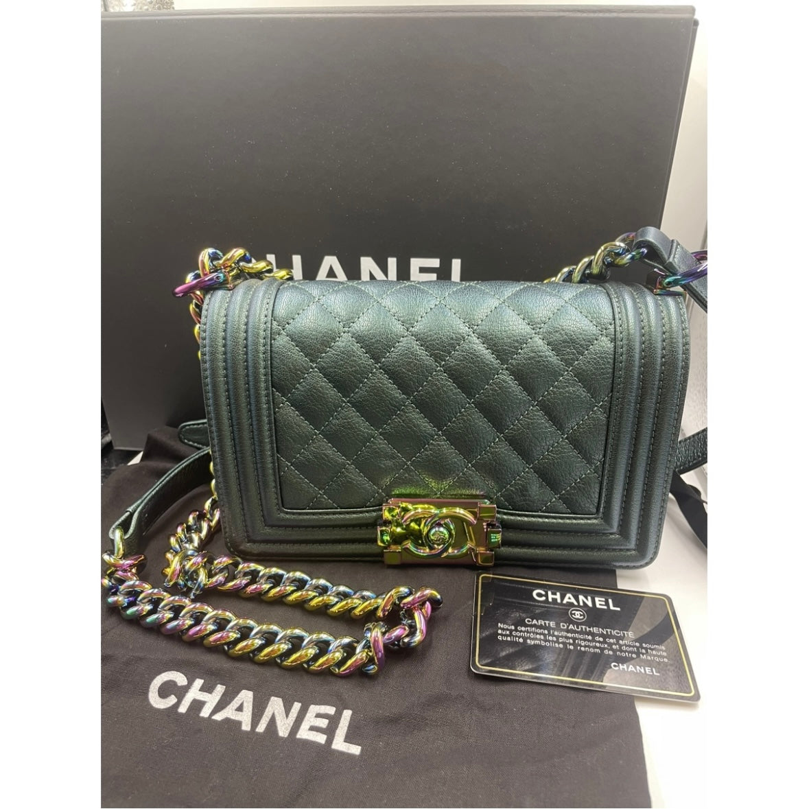 Chanel small Boy mermaid flap bag in iridescent green