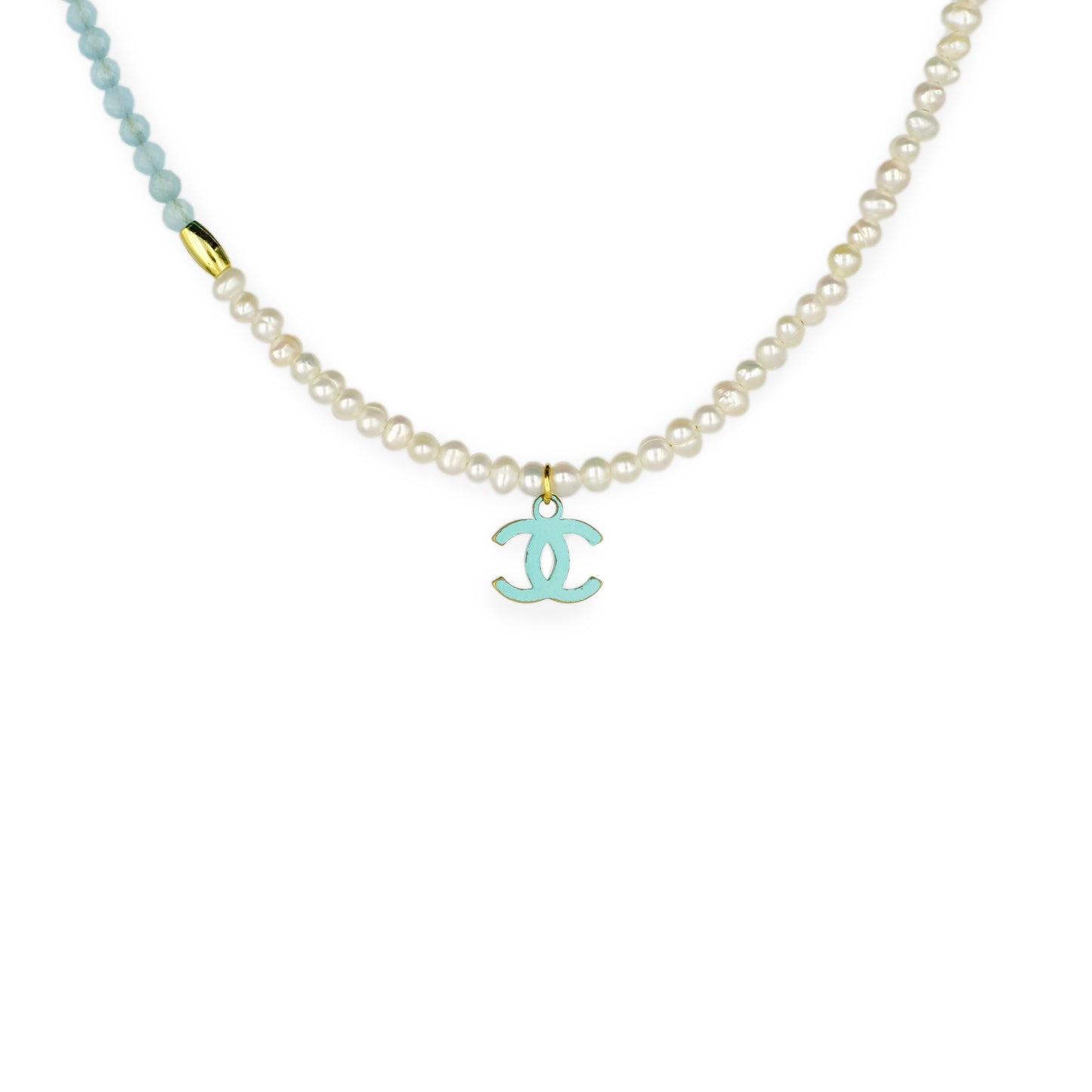 PREORDER Chanel CC Logo Pearl Aquamarine Reworked Necklace