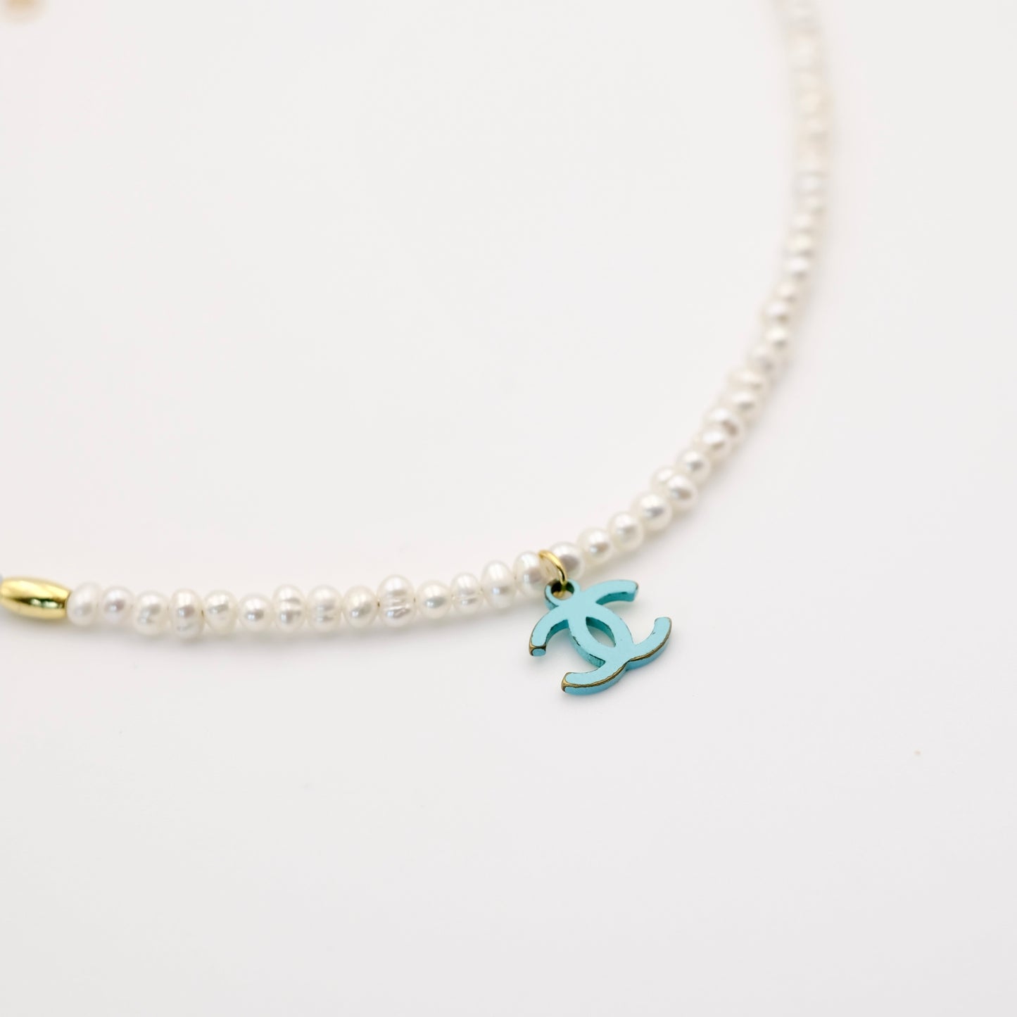 PREORDER Chanel CC Logo Pearl Aquamarine Reworked Necklace