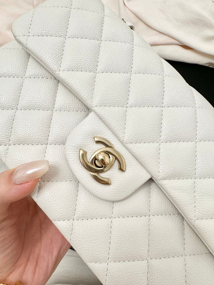 Chanel CF23 Caviar Double Flap Bag Small White Gold