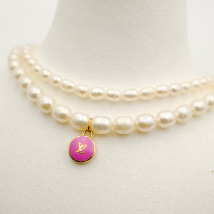 Louis Vuitton Pink Pastilles Pendant Double Pearl Reworked Necklace