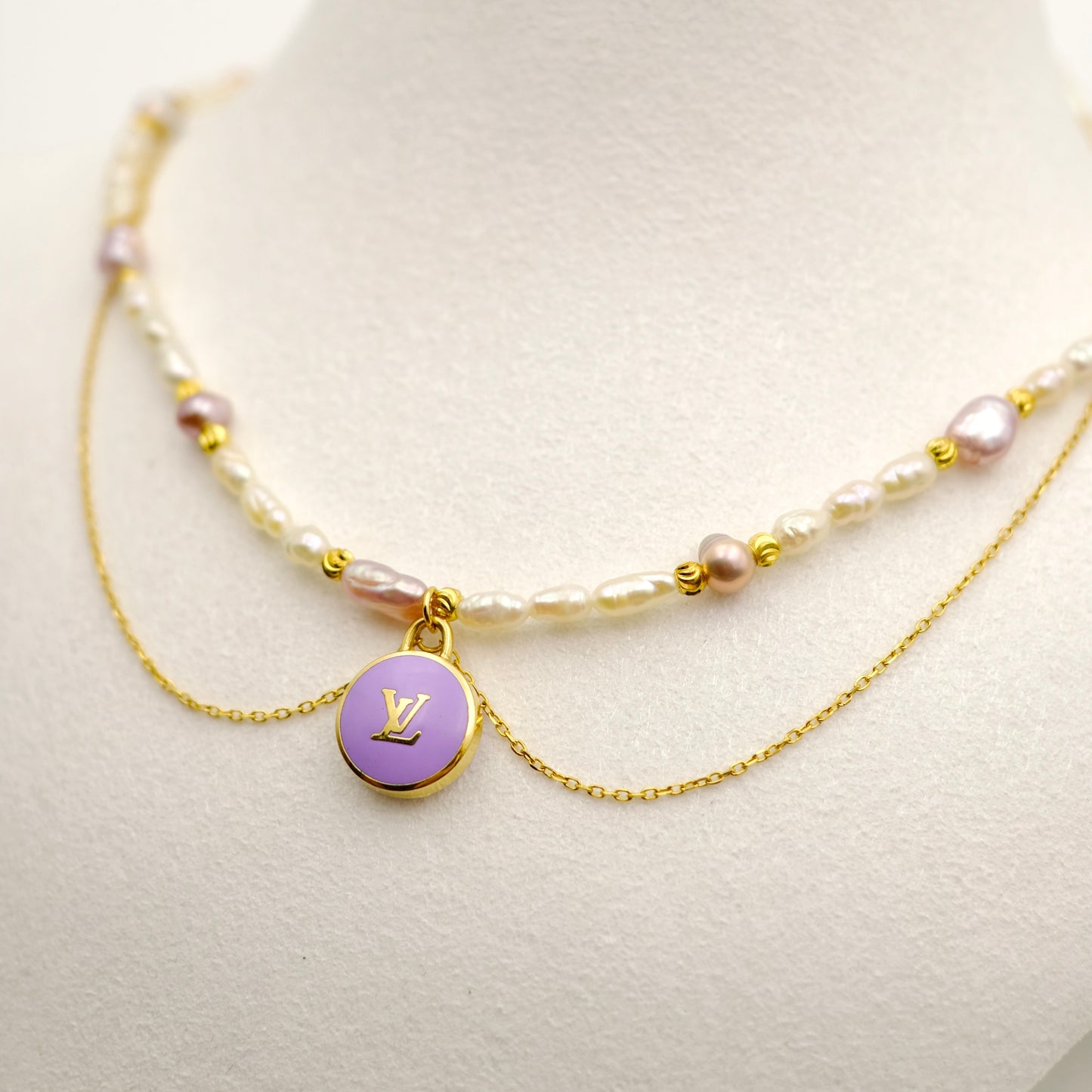 Louis Vuitton Lilac Pastilles Pendant Pearl Reworked Necklace