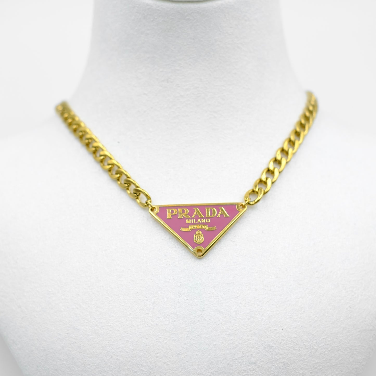 Prada Pink Triangle Logo Reworked Necklace