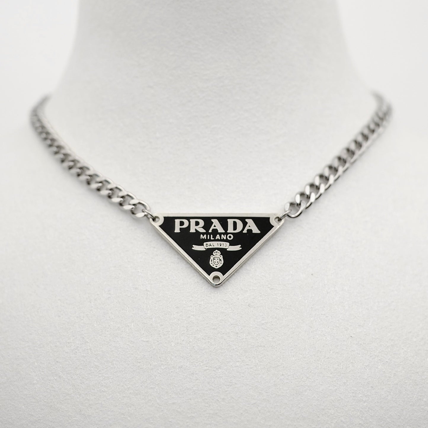 Prada Black Triangle Logo Reworked Necklace