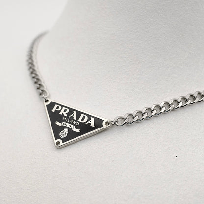 Prada Black Triangle Logo Reworked Necklace