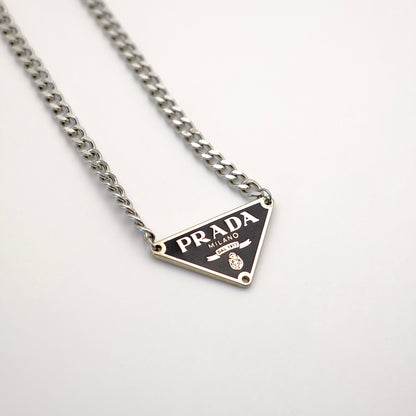 Prada Black Triangle Logo Reworked Necklace